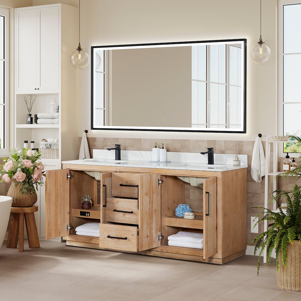 72" Double Bathroom Vanity with Calacatta White Quartz Countertop with Mirror
