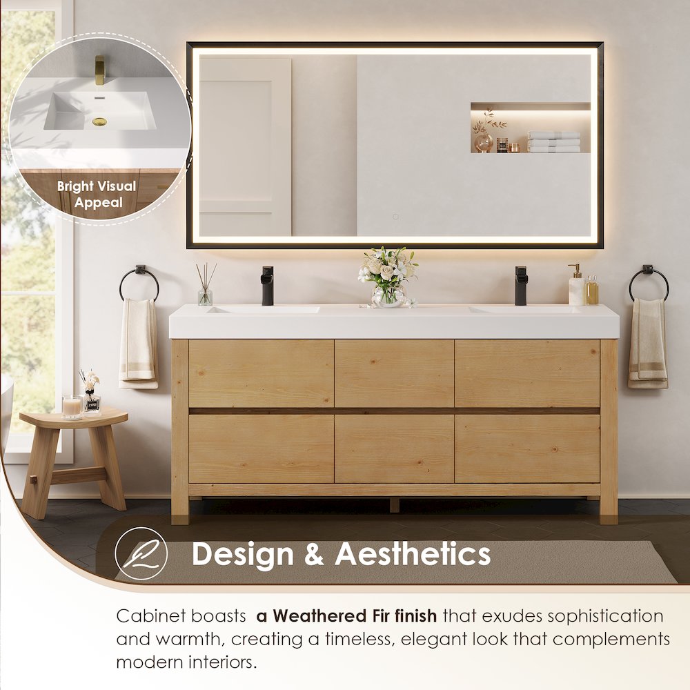 72" Double Bathroom Vanity in with White Artificial Stone Integrated Sink