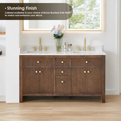 Double Bathroom Vanity in Brown Oak Grain White Engineered Stone Countertop