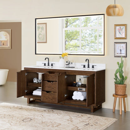 72" Double Bathroom Vanity in Brown Brushed Oak with Grain White