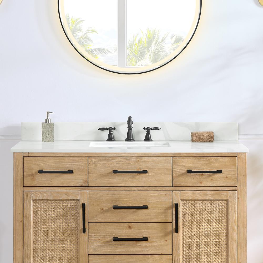 Arbios 48. in Quartz Stone Vanity Top in Calacatta White with White Sink