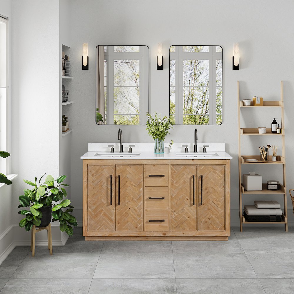 60" Double Bathroom Vanity with Grain White Engineered Stone Countertop