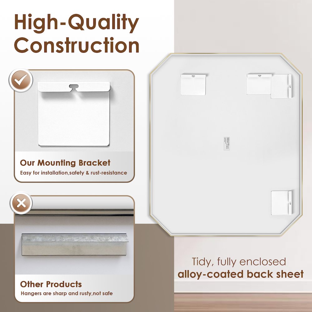 36"x30" Octagon Aluminum Framed in Brushed Gold Modern Bathroom Wall Mirror