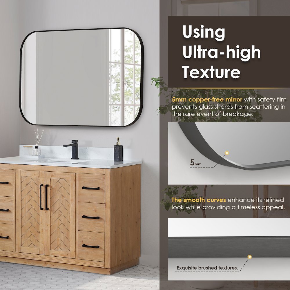 48x30" Rectangular Aluminum Framed in Matte Black Modern Bathroom Wall Mirror
