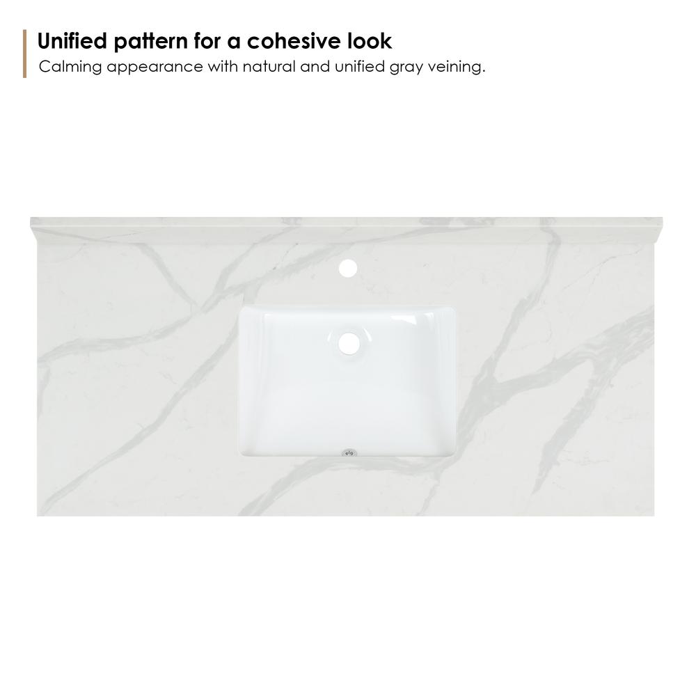Arbios 48. in Quartz Stone Vanity Top in Calacatta White with White Sink