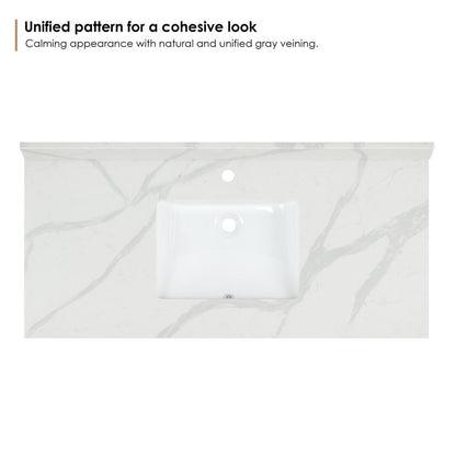 Arbios 48. in Quartz Stone Vanity Top in Calacatta White with White Sink