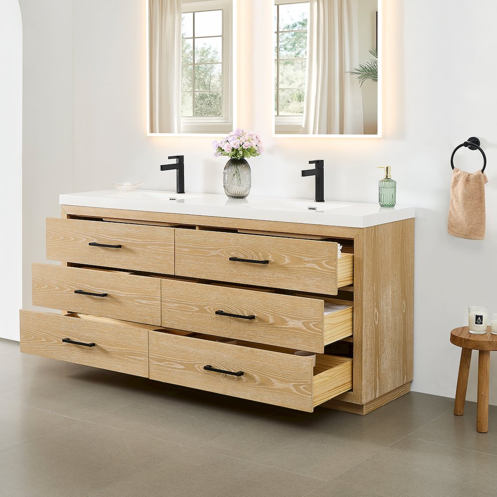 72" Double Bathroom Vanity in White Oak with White Artificial Drop-in Sink