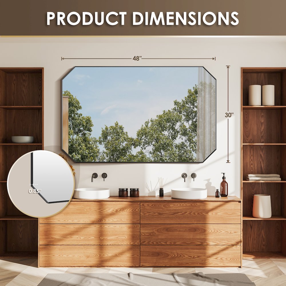 48"x30" Octagon Aluminum Framed in Matte Black Modern Bathroom Wall Mirror