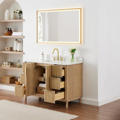 Single Bathroom Vanity in Washing Light Brown Grain White Engineered Stone
