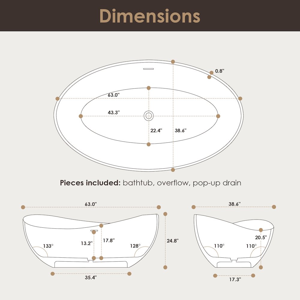 63" x 39" Solid Surface Soaking Bathtub and Integrated Overflow