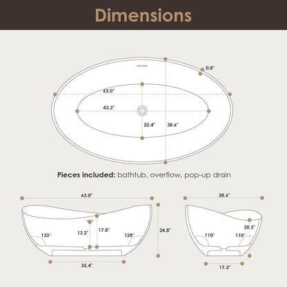 63" x 39" Solid Surface Soaking Bathtub and Integrated Overflow