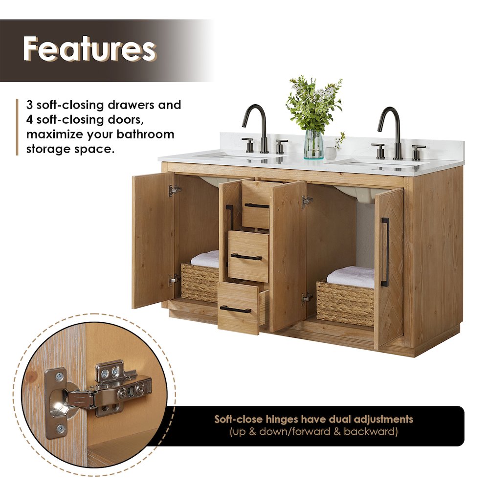 60" Double Bathroom Vanity Grain White Engineered Stone Countertop