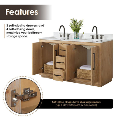 60" Double Bathroom Vanity Grain White Engineered Stone Countertop