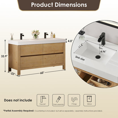 60" Double Bathroom Vanity in with White Artificial Stone Integrated Sink