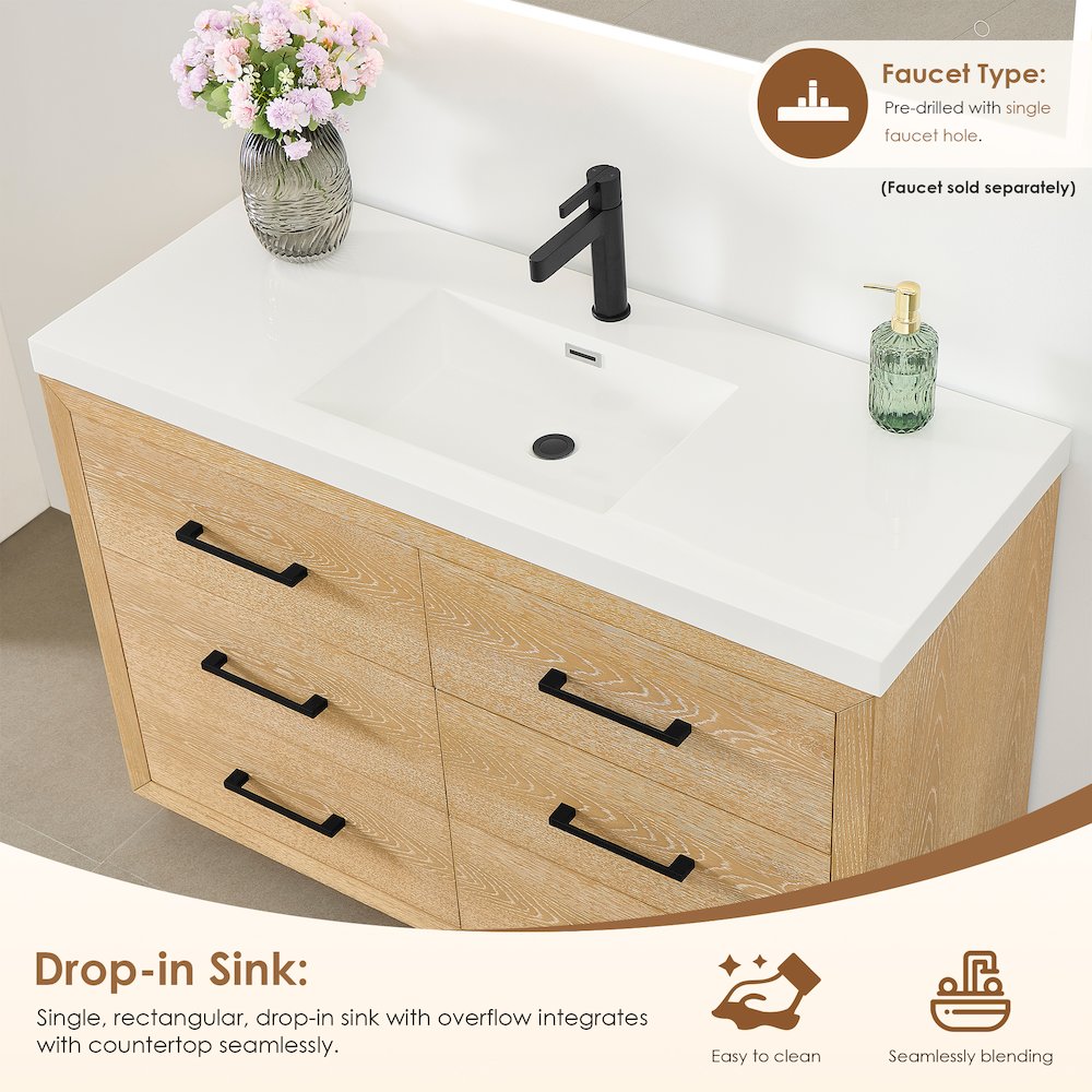 48" Single Bathroom Vanity in White Oak with White Artificial Drop-in Sink