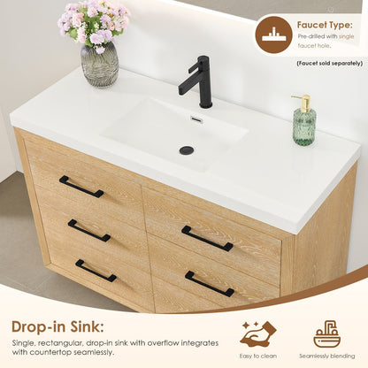 48" Single Bathroom Vanity in White Oak with White Artificial Drop-in Sink