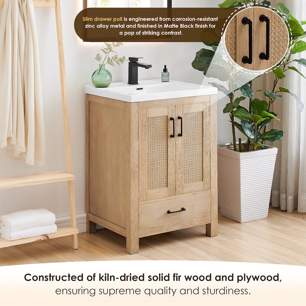 Single Bathroom Vanity in Light Brown White Ceramic Drop-in Sink