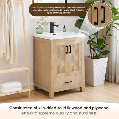 Single Bathroom Vanity in Light Brown White Ceramic Drop-in Sink