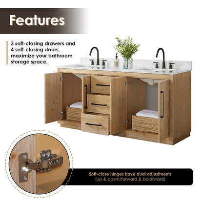72" Double Bathroom Vanity Grain White Engineered Stone Countertop