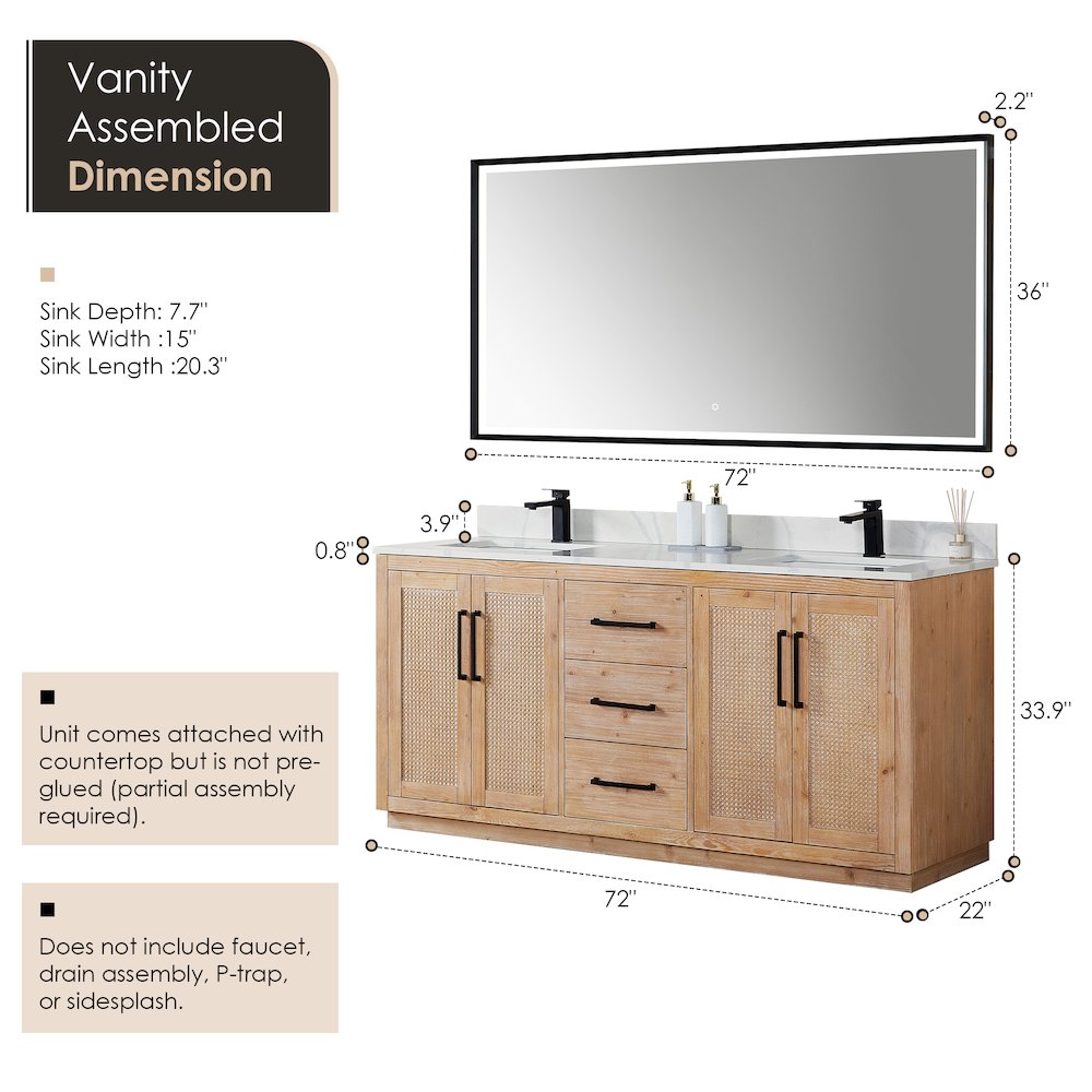 72" Double Bathroom Vanity with Calacatta White Quartz Countertop with Mirror