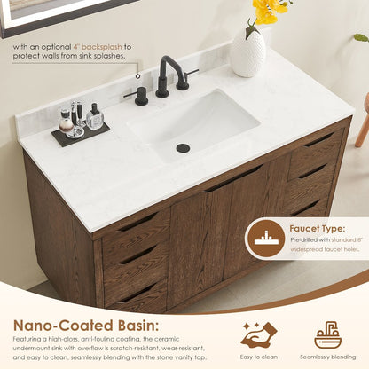48" Single Bathroom Vanity in Brown Brushed Oak with Grain White