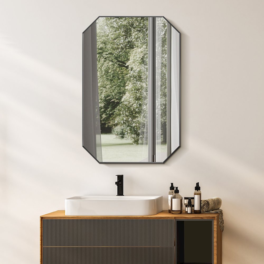 24"x36" Octagon Aluminum Framed in Matte Black Modern Bathroom Wall Mirror