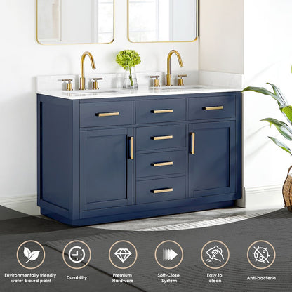 54" Double Bathroom Vanity in Royal Blue with Grain White