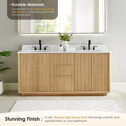 72" Double Bathroom Vanity in Washed Light Brown with Grain White