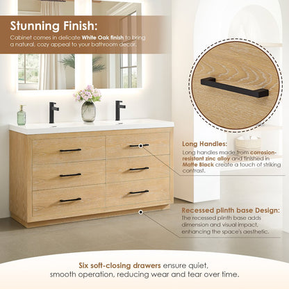 60" Double Bathroom Vanity in White Oak with White Artificial Drop-in Sink