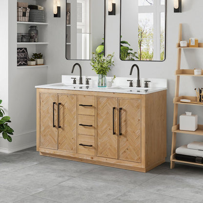 60" Double Bathroom Vanity Grain White Engineered Stone Countertop