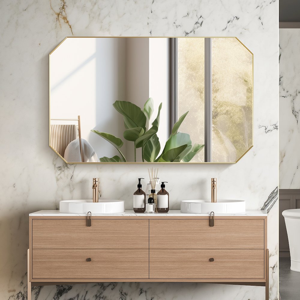 48"x30" Octagon Aluminum Framed in Brushed Gold Modern Bathroom Wall Mirror