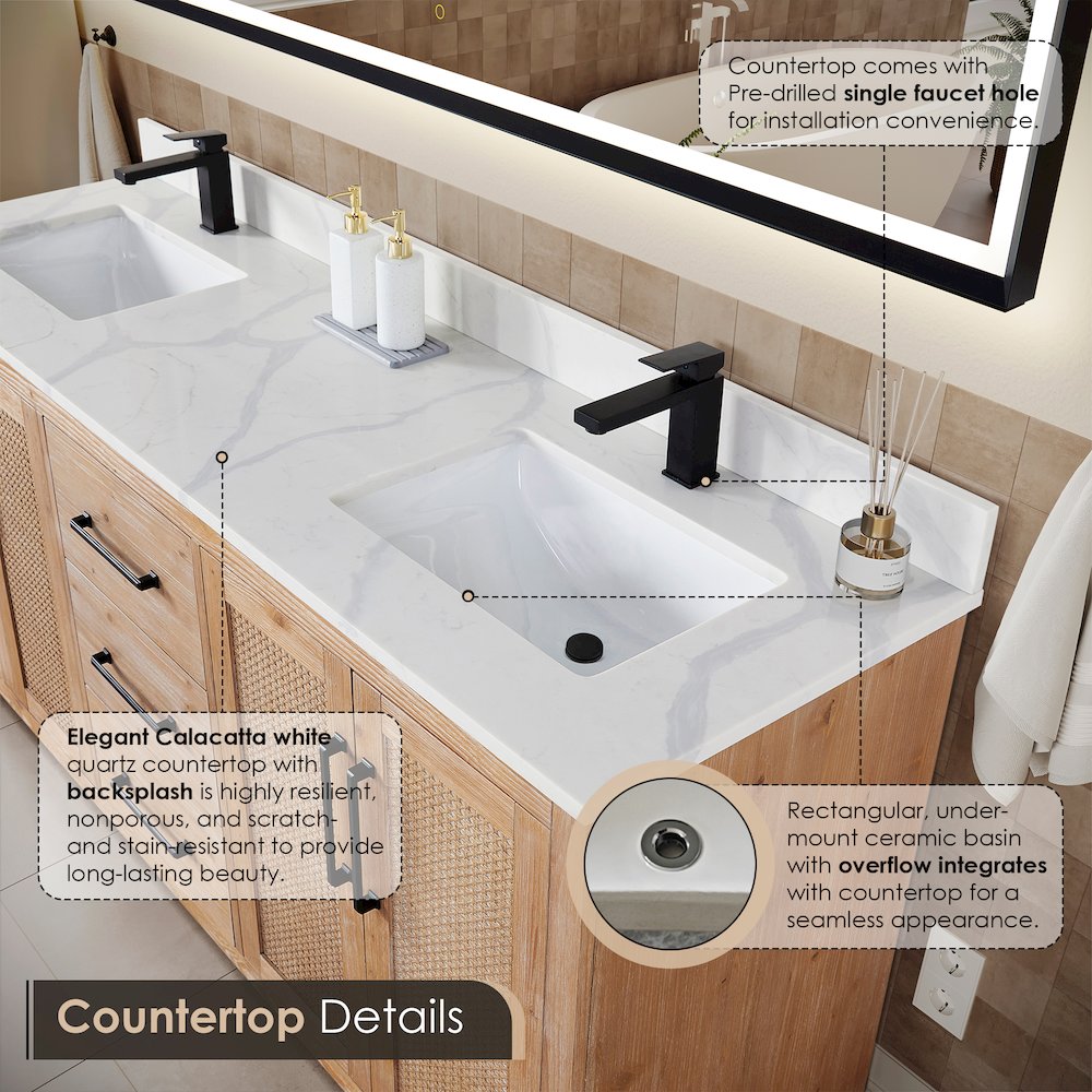 72" Double Bathroom Vanity with Calacatta White Quartz Countertop with Mirror