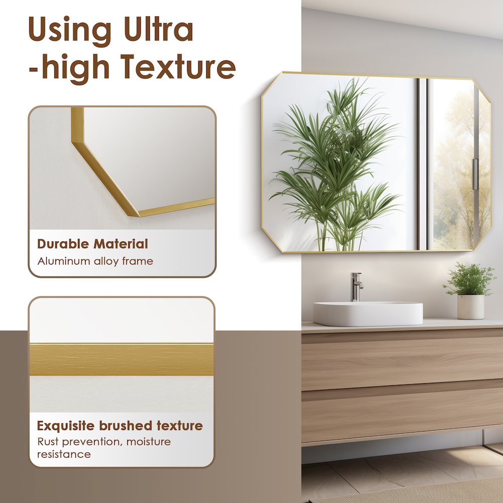 48"x30" Octagon Aluminum Framed in Brushed Gold Modern Bathroom Wall Mirror