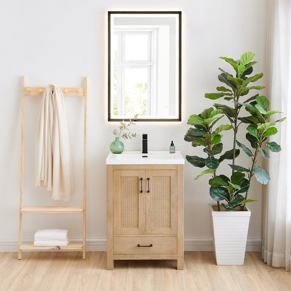 Single Bathroom Vanity in Light Brown White Ceramic Drop-in Sink