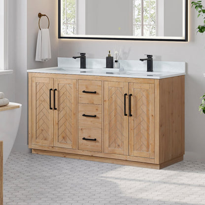 60" Double Bathroom Vanity with Grain White Countertop without Mirror