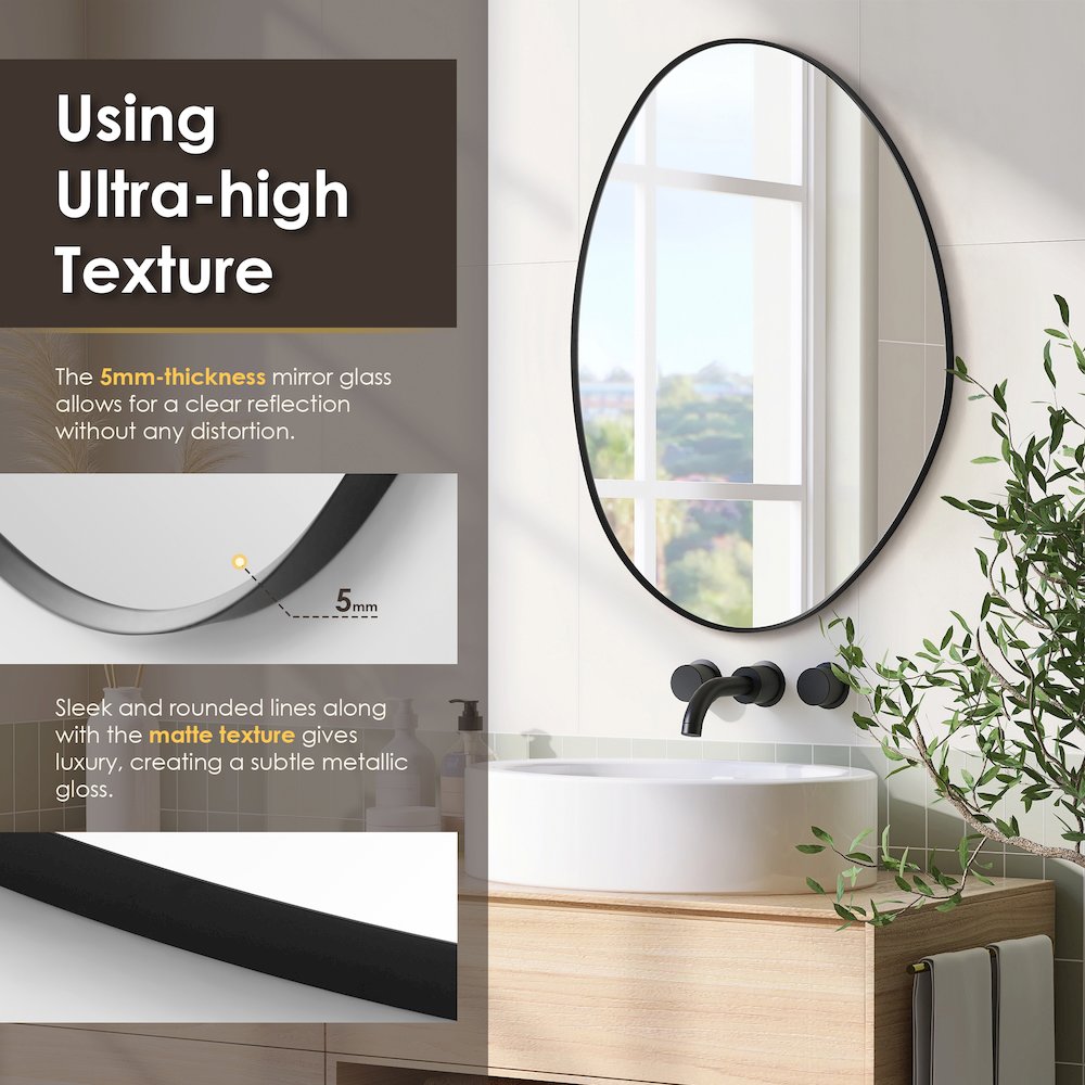 28"x36" Irregular Aluminum Framed in Matte Black Modern Bathroom Wall Mirror