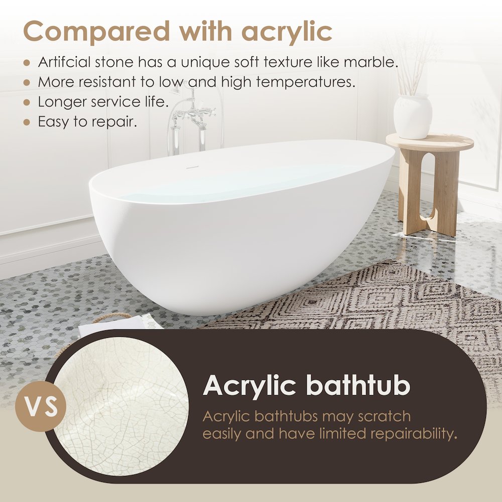 67" x 34" Solid Surface Soaking Bathtub and Integrated Overflow