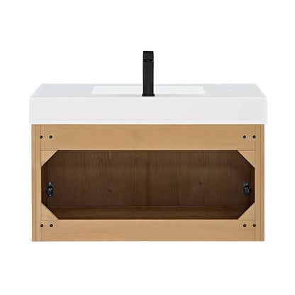Single Bathroom Vanity in Light Brown White Artificial Drop-in Sink