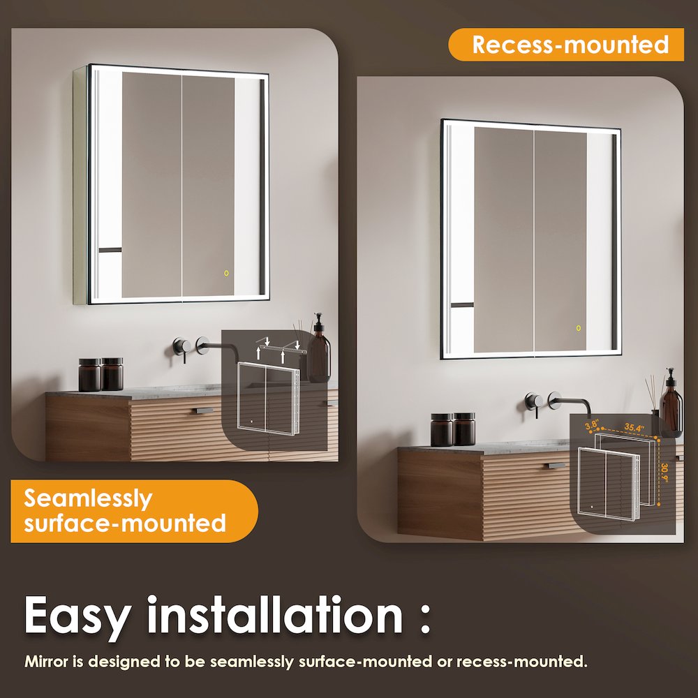 36"x32" Rectangular Bathroom Black Aluminum Mirror Medicine Cabinet