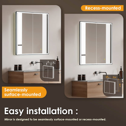 36"x32" Rectangular Bathroom Black Aluminum Mirror Medicine Cabinet