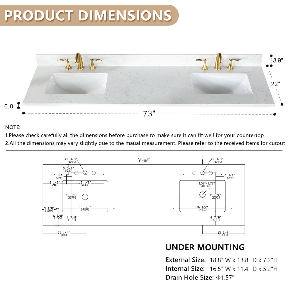 Ceres 73. in Engineered Stone Vanity Top in Grain White with Double White Sink