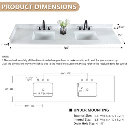 Ceres 84. in Engineered Stone Vanity Top in Grain White with Double White Sink