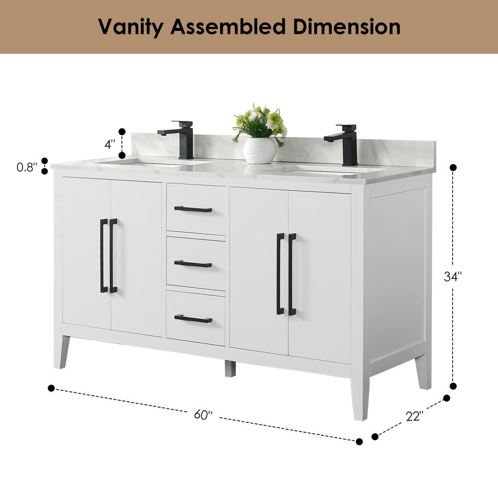 Double Bathroom Vanity in White with White Quartz Stone Countertop with Mirror