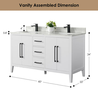 Double Bathroom Vanity in White with White Quartz Stone Countertop with Mirror