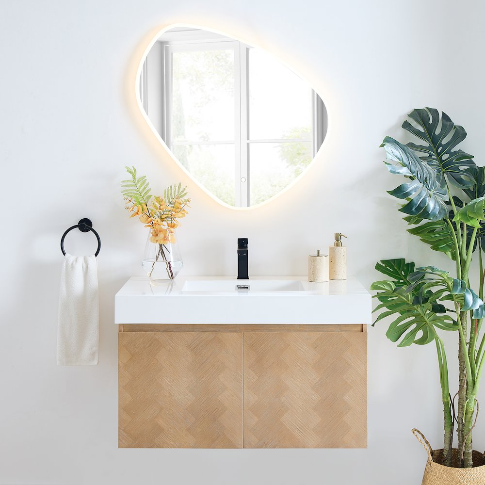 Single Bathroom Vanity in Light Brown White Artificial Drop-in Sink