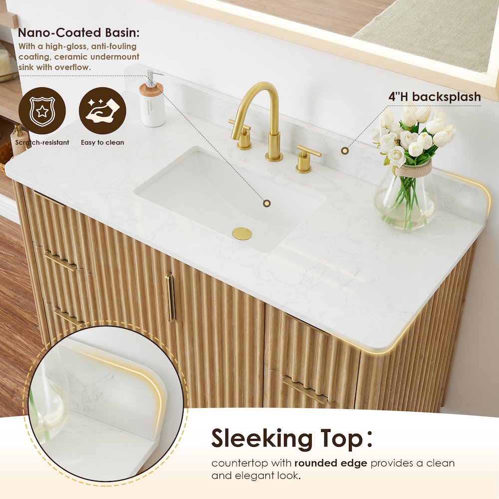Single Bathroom Vanity in Washing Light Brown Grain White Engineered Stone