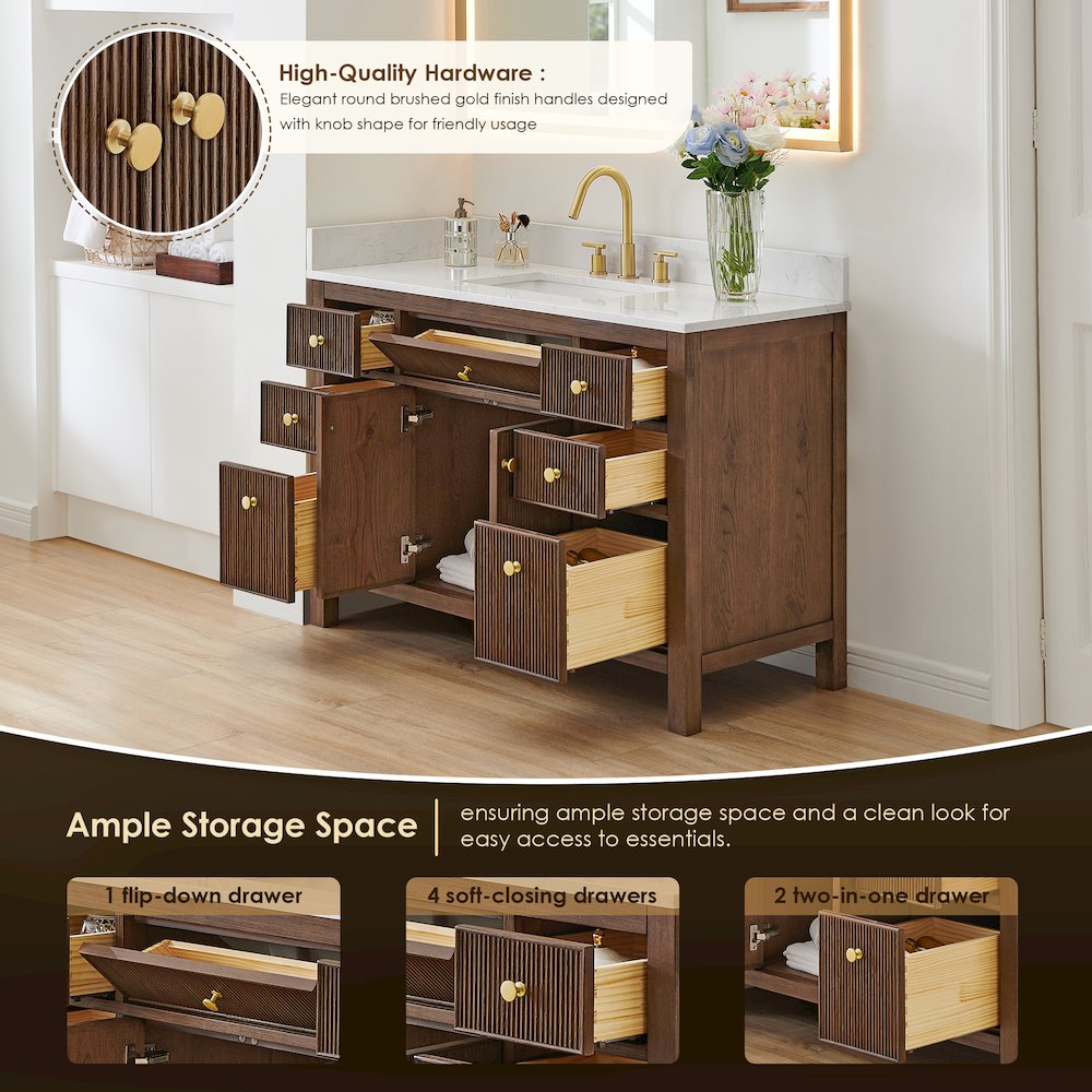 Single Bathroom Vanity in Brown Oak Grain White Engineered Stone Countertop