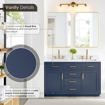 54" Double Bathroom Vanity in Royal Blue with Grain White