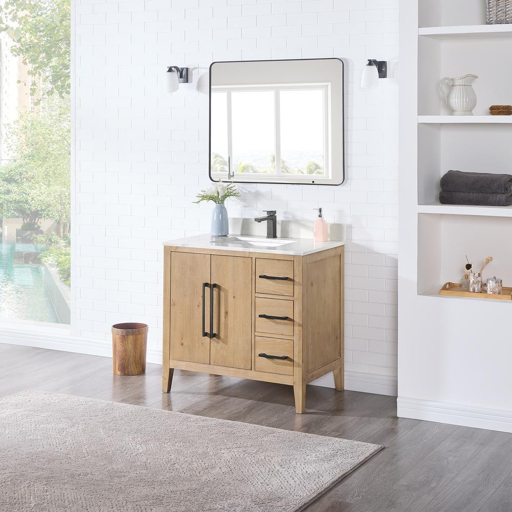 Single Bathroom Vanity in Weathered Fir with Stone Countertop with Mirror