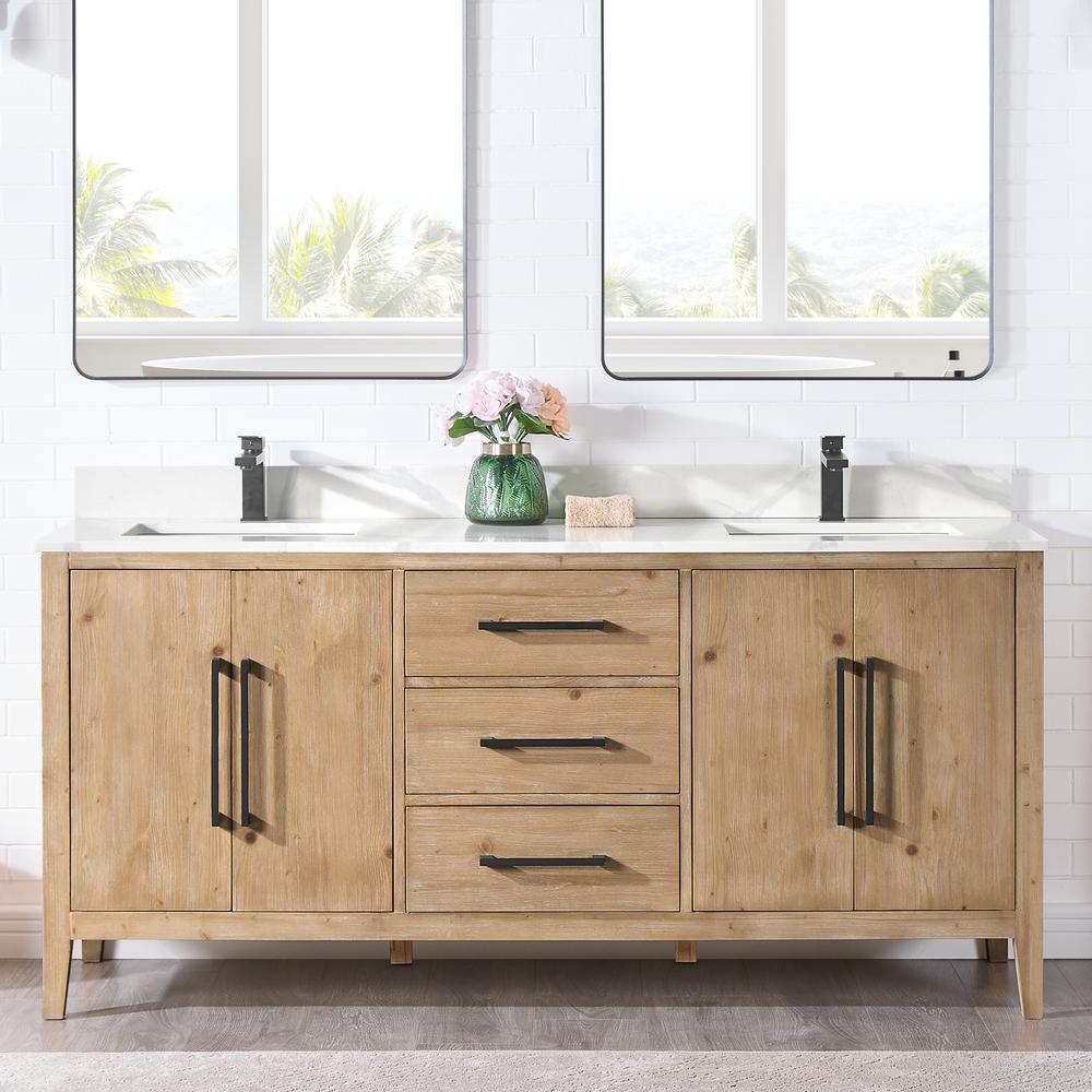 Arbios 72. in Quartz Stone Vanity Top in Calacatta White with White Sink